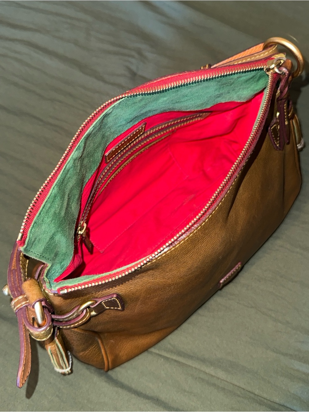 Dooney & Bourke Brown Leather Shoulder Bag with Red Trim - Picture 3 of 9